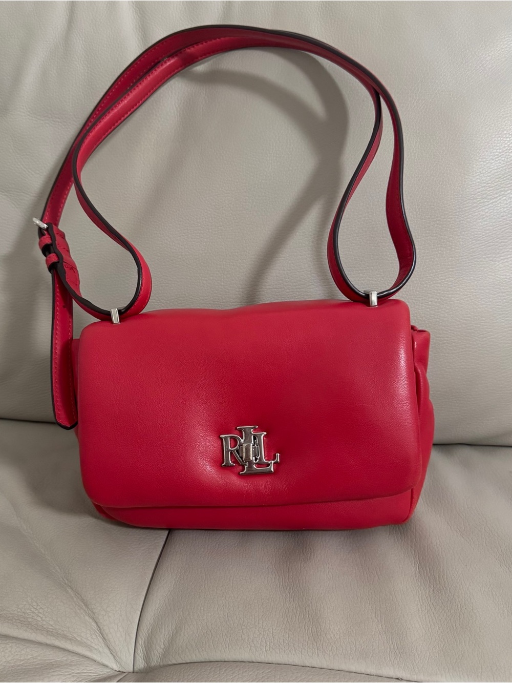 Ralph Lauren Bright Red Leather Crossbody with RL Monogram